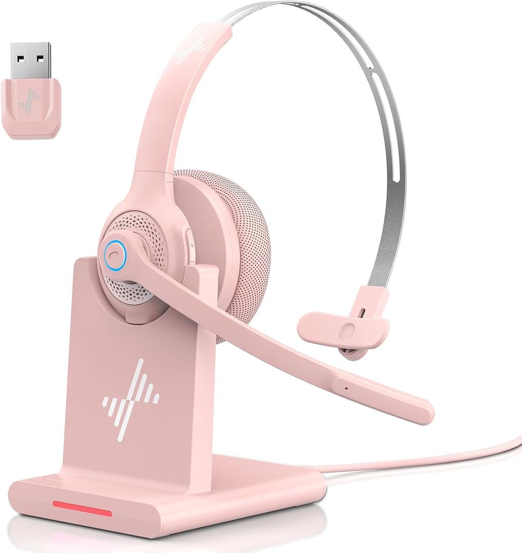 Bluetooth Headset - Wireless Headset with Noise Cancelling Microphone, V5.2 Computer Headphones with USB Dongle, Charging Base & Mic Mute for Work/Call Center/PC/Laptop/Online Class/Zoom