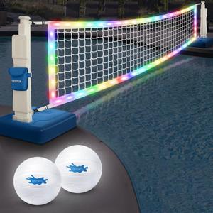 LED Pool Volleyball Net Set, Light Up Pool Volleyball Game Set with 2 LED Water Balls, Adjustable Net and Pump, Swimming Pool Sports Game Set for Adults Teens, Inground Pool Toy Party Fun