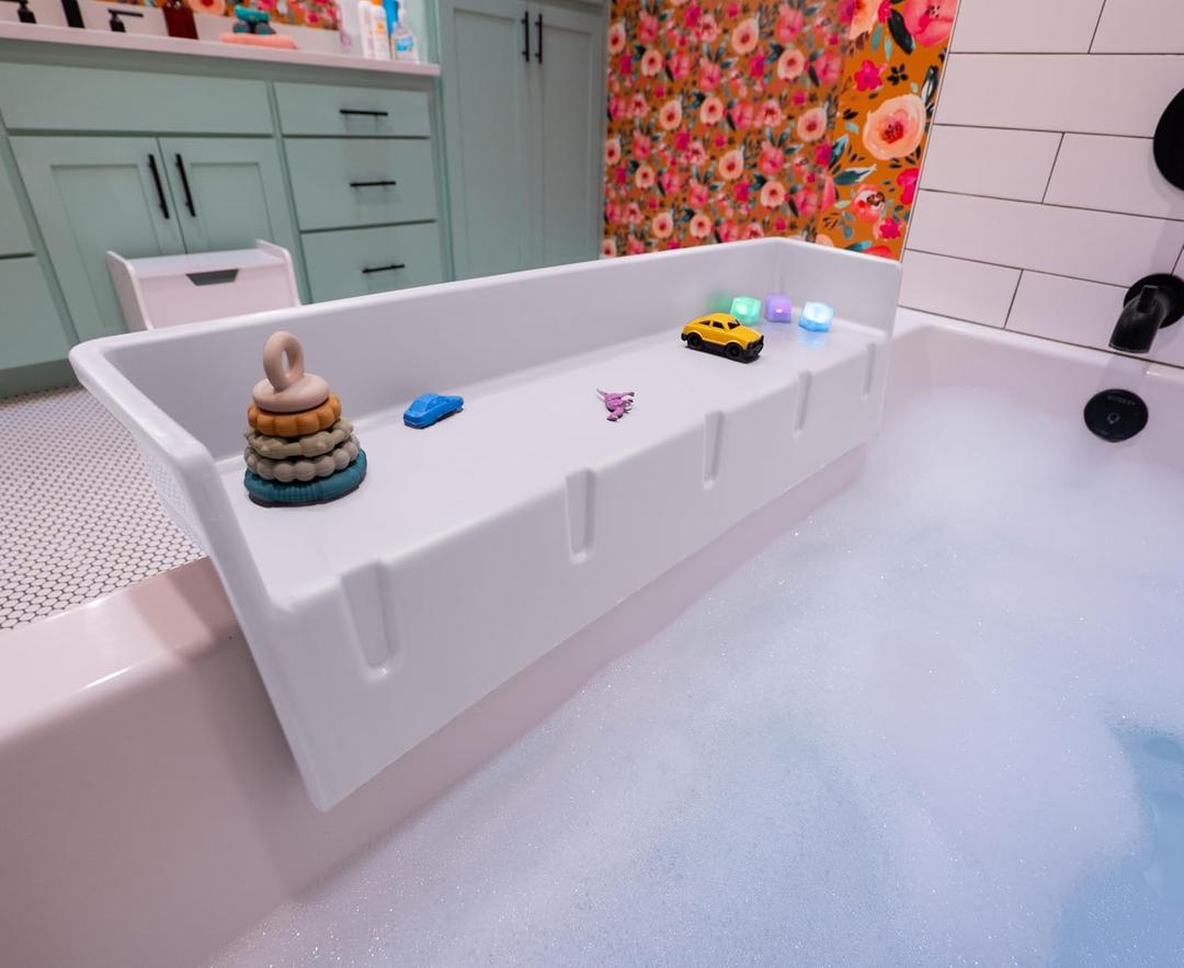 Tub Topper Bathtub Splash Guard & Bath Shelf for Kids Toddler Bath Tray, Bath Toys Storage & Ledge Organizer Splash Guard for Bathtub with Suction Cups Kids Bathroom Accessories (White), Full