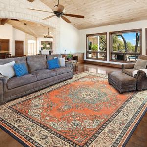 Area Rug for Living Room, 6x9Ft Non-Slip Vintage Area Rug, Machine Washable Boho Rugs for Bedroom Office Dining Room Farmhouse, Orange