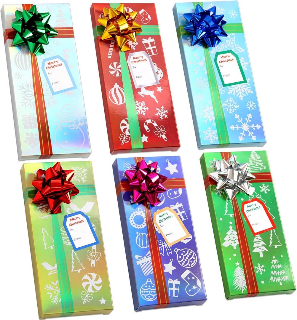 ceiba tree 24 PCS Christmas Holder Boxes Money Holders for Cash 6.5X2.8 inch with Bows and Gift Name Stickers Holiday Xmas Small Mini Boxes