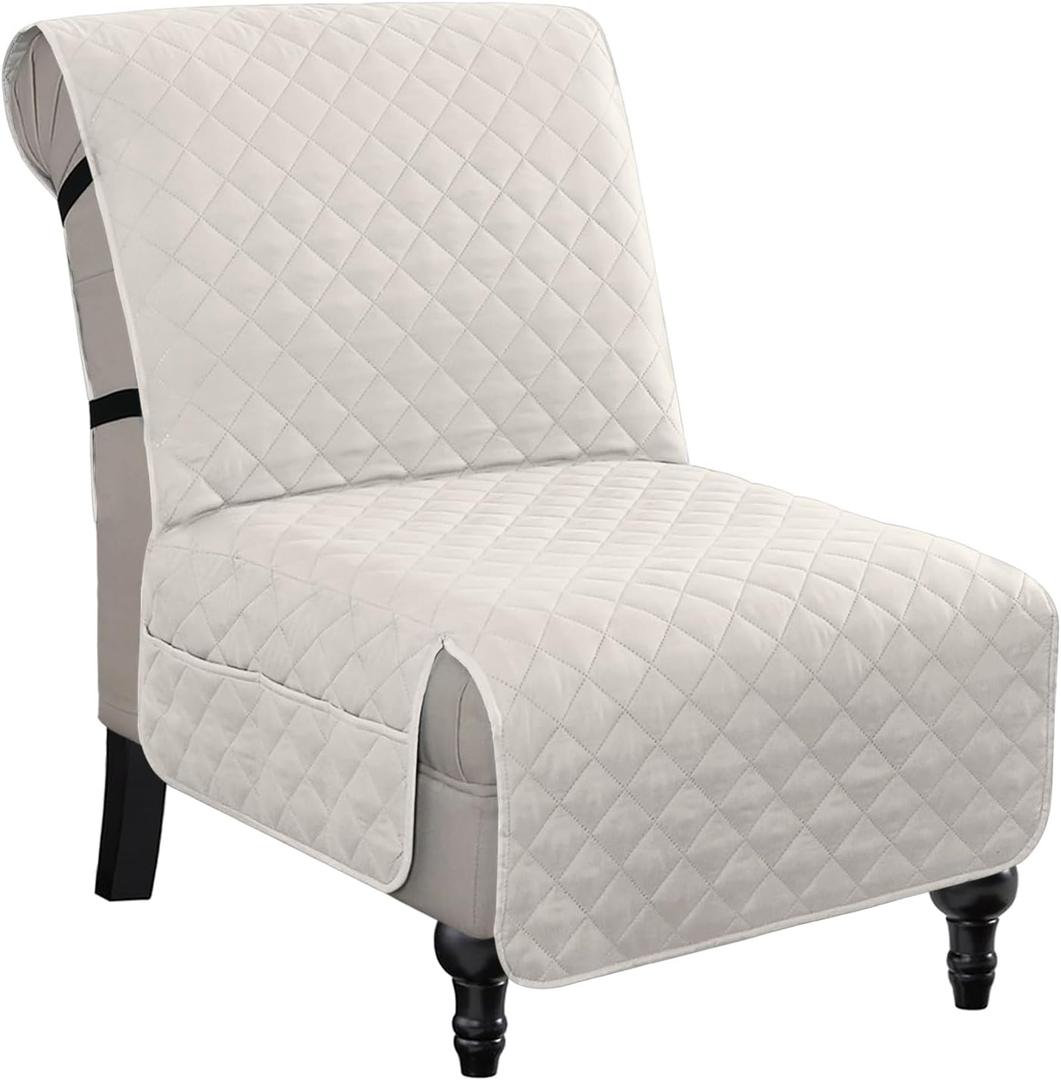 H.VERSAILTEX Water Resistant Accent Chair Cover Reversible Quilted Accent Chair Covers Without Arms Thick Soft Durable Accent Chair Cover with Anti-Slip Buckle Washable, Ivory/Beige