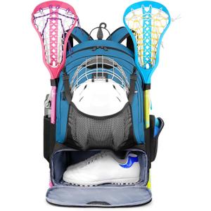 YOREPEK Lacrosse Bag, Large Capacity Lacrosse Backpack Holds Field Hockey Equipment, Two Stick Holders, Separate Cleats Compartment (BLUE)