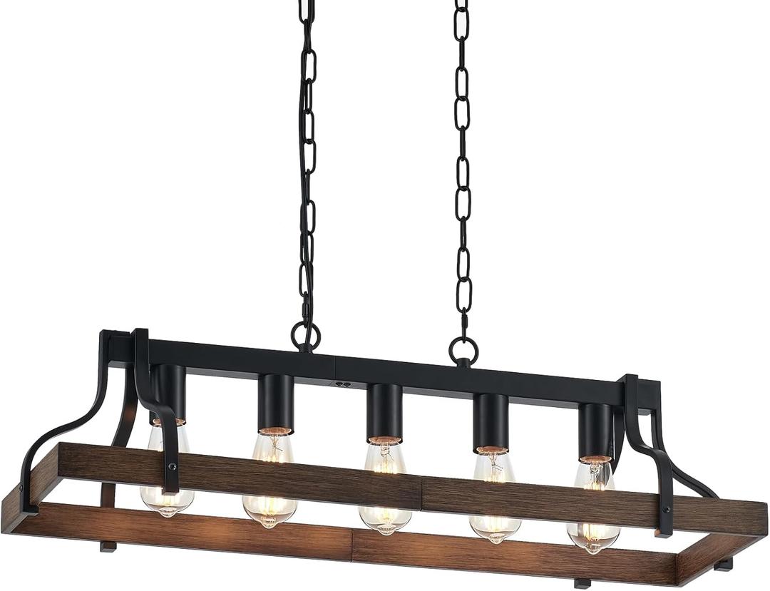 Wood Farmhouse Chandelier 5-Light Adjustable Retro Island Light Industrial Pendant Light for Kitchen Island Dining Room Living Room, L 34, UL Listed