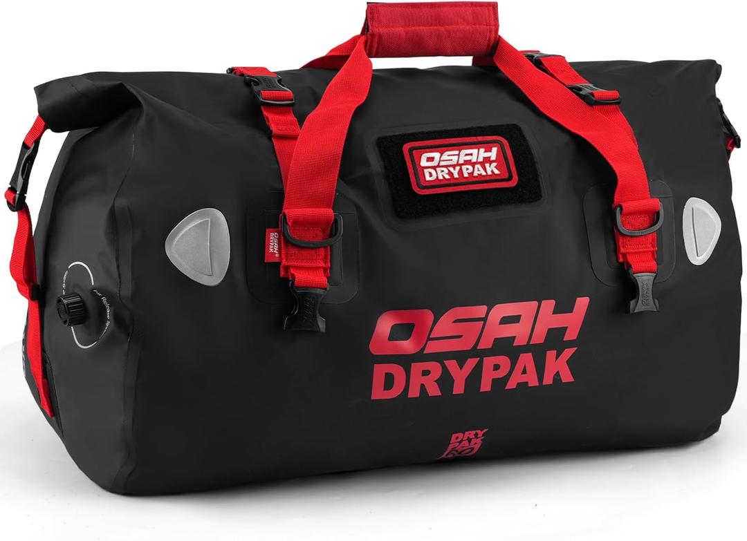 OSAH DRYPAK Waterproof Duffel Bag - Motorcycle Dry Bag Tail Bag with Large Storage Space, Waterproof Luggage Duffle Bags with Outer Mesh Zipper Pocket for Camping, Kayaking, Fishing & Traveling (60L, Black Red)