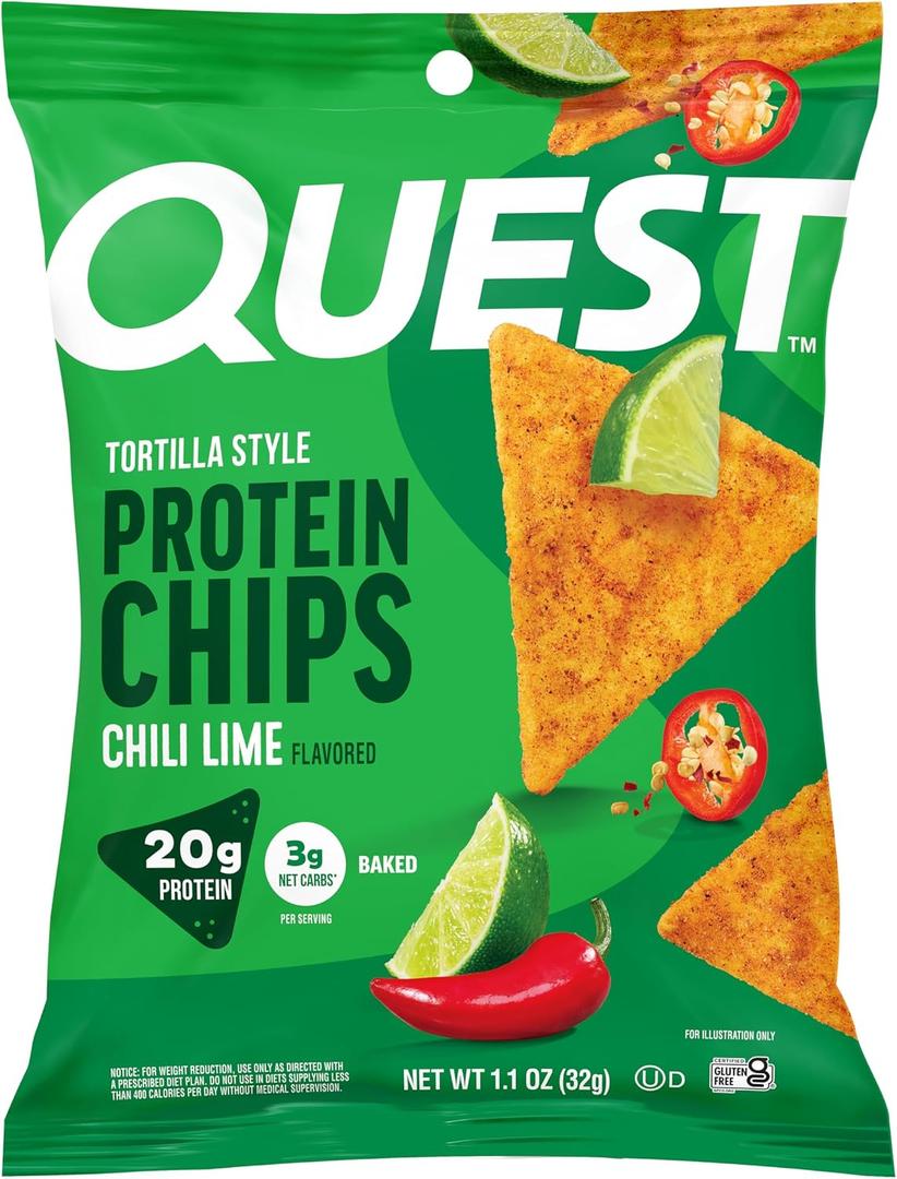 Quest Nutrition Chili Lime Tortilla Style Protein Chips, 20g Protein, 3g Net Carbs, Low Carb, Gluten Free, 1.1 oz (Pack of 12) (EXP 09/10/26)