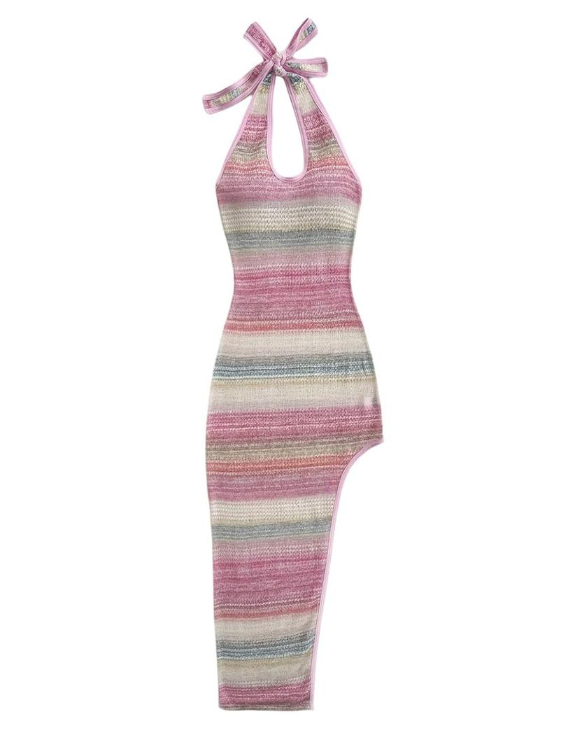 WDIRARA Women's Color Block Halter Maxi Dress High Slit Tie Backless Sleeveless Bodycon Dresses, Small , Pink 
