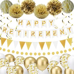 White Gold Netural Retirement Party Decorations for Women Men,Happy Retirement Banner with Hanging Swirls,Balloons,Paper Pompoms,Honeycomb Balls,Pennant Banner for Farewell Party Decor Supplies