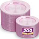 WDF 200PCS Pink Plastic Plates - Rose Gold Glitter Plastic Plates - Heavy Duty Pink Glitter Disposable Plates - Include 100 Dinner Plates 10" and 100 Dessert Plates 7" for Parties/Wedding