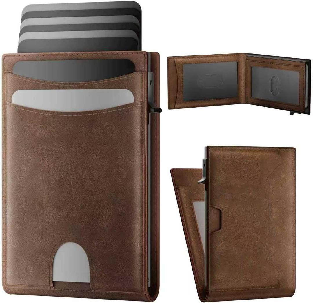 Wallet for Men: Pop Up Card Case, RFID Blocking, Slim, Minimalist, Genuine Leather, Front Pocket, Smart, Thin, Compact, Magnetic Flap Closure - 2 ID Windows, Up to 12 Cards & 15 Bills (Brown)