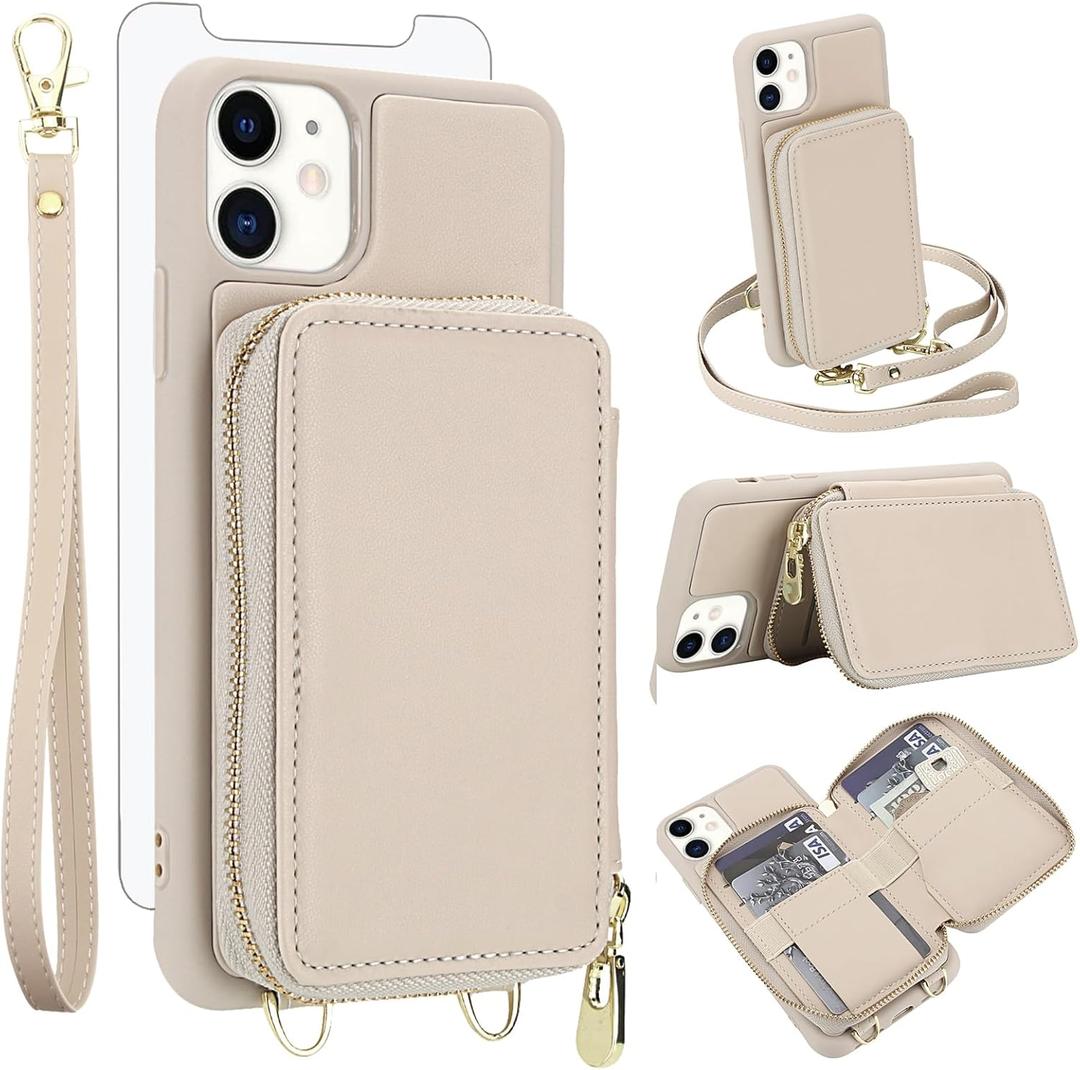 Phone Case for iPhone 12 Pro iPhone12 6.1 Wallet Cell Cover with Tempered Glass Screen Protector Crossbody Strap Lanyard RFID Blocking Credit Card Holder iPhone12pro 5G i 12s 12pro Women Girls Beige