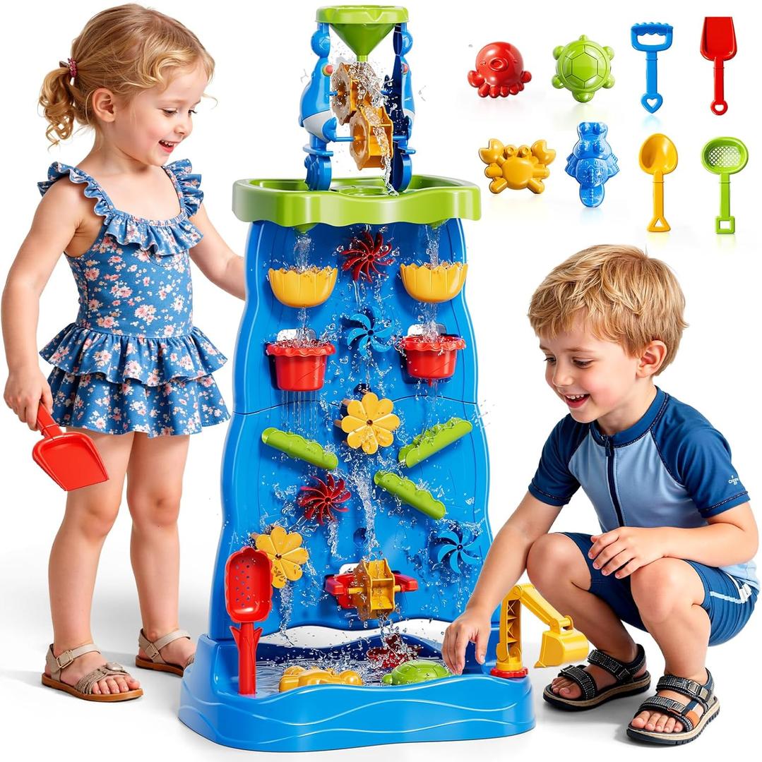 Toddler Sand Water Table Waterfall Wall Playset, Kids Activity Sensory Table with Beach Fun Sand Toy, Summer Outdoor Toys Sand Water Play Table for Toddler Ages 2 3 4 5 6 7 8