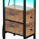 Narrow End Table Living Room with Charging Station, Skinny Side Table with Fabric Drawers, Slim LED Nightstand for Bedroom, Small Spaces, Couch, Rustic Brown, HETNDP02LPBR-1