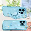 MOWIME Magnetic for iPhone 16 Pro Case with Wrist Strap, Cute Love Heart Pattern for Women Girls Soft Plating Bumper Anti-Scratch Protective Cover with Adjustable Wristband Kickstand, Blue