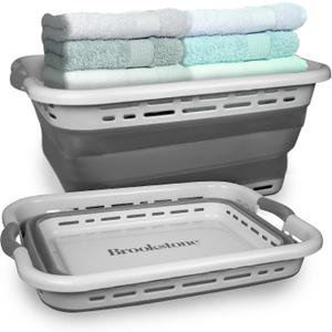 BROOKSTONE 11 GALLON XL 24" Collapsible Laundry Basket & Clothes Hamper, Comfort Non-Slip Handles, Modern Laundry Hamper with Space Saving Design, Portable Pop-Up Hamper, BPA FREE, Light Grey, 1 Pack
