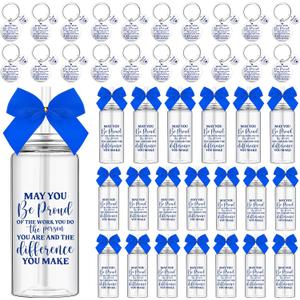 Skylety 20 Set Employee Appreciation Gifts Bulk with Blue Bow 20 13.5 oz Skinny May You Be Proud Plastic Cup with Lid Straw 20 Inspirational Keychain Birthday Gift for Men Women Coworker