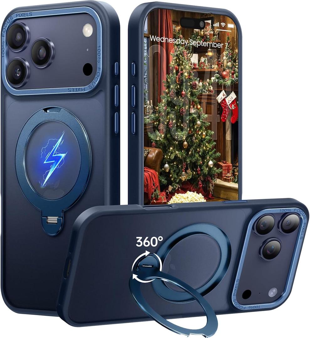 360 Spin Magnetic Stand for iPhone 17 Pro Case, Fit for MagSafe, Mil-STD Protective Case for iPhone 17 Pro Phone Case with Kickstand Rotatable 6.3 inch, Deep Blue