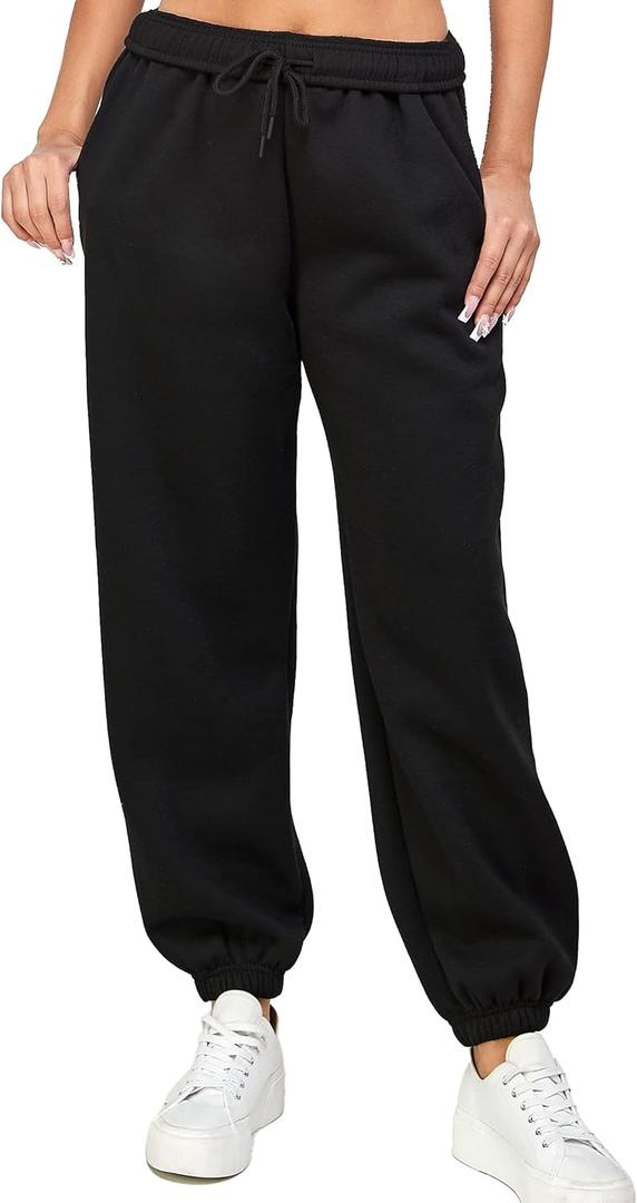 IUUI Women's High Waisted Fleece Sweatpants - Casual Baggy Joggers with Pockets, Foldable Warm Lounge Pants (Large, Black)