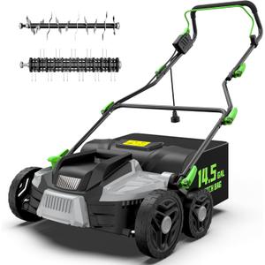 16-Inch 15.5 Amp 2-in-1 Electric Dethatcher and Scarifier with 14.5-Gallon Removable Thatch Collection Bag, Lawn Dethatcher with 5-Position Depth Adjustment, Quick-Fold, Keeps Lawn Healthy (Green)