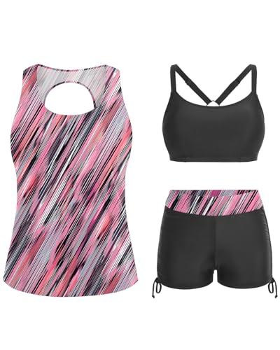 Yonique 3 Piece Womens Tankini Swimsuits with Shorts Athletic Bathing Suits Tank Tops with Bra and Boyshorts Pink Striped Medium