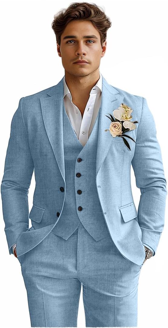 Linen Mens Suits 3 Piece Slim Fit Tuxedo Suit for Men Beach Wedding Formal Business Suit Groom Prom Set Outfits (XX-Large, Blue)