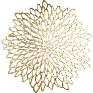 Snowkingdom Pack of 8 Gold Metallic Round Placemats Bulk Round Pressed Vinyl Leaf Dinning Kitchen Table Mats Decoration for Christmas Wedding Thanksgiving Party