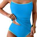 Eomenie Women's Tankini Swimsuits Two Piece Tummy Control Bathing Suit Color Block Slim Swimwear with High Waisted Bottom (Large, Blue)