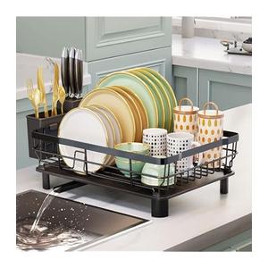 AIDERLY Stainless Steel Dish Drying Rack with Drainboard Dish Drainers for Kitchen Counter Extendable Spout Strainers with Utensil Holder and Knife Slots, Grey