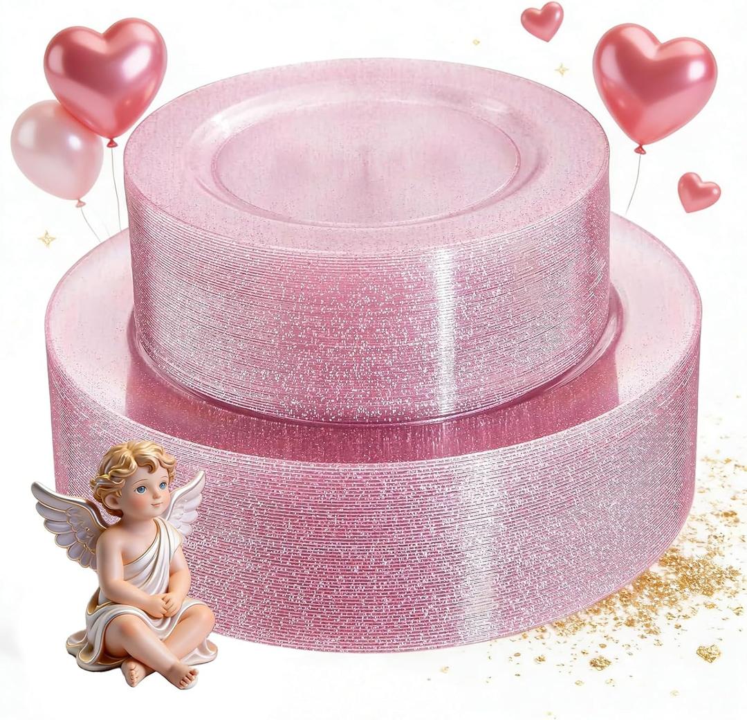 WDF 120pcs Pink Plastic Plates Disposable - Clear Pink Glitter Plates for Valentine's Day/Wedding including 60PCS Dinner Plates 10.25inch and 60PCS Salad Plates 7.5inch for Wedding/Party