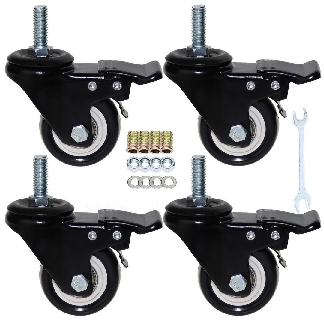 2'' Caster Wheels, Swivel Stem Casters 3/8'' - 16x1'' (Screw Diameter 3/8'', Screw Height 1'') 330Lbs Heavy Duty Threaded Casters No Noise PU Dual Locking Castors with Brake