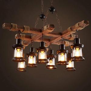 GHY 8 Lights Industrial Wooden Hanging Lighting Black Metal Chandelier Farmhouse Vintage Pendant Lamp Glass Lampshade for Pool Table Kitchen Island Bar Retro Ceiling Light Height Adjustable Fixture