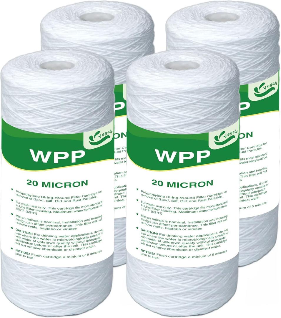 20 Micron Water Filter 10" x 4.5", 10-inch Whole House Heavy Duty String Wound Sediment Pre-Filters for Well Water, Replacement Cartridge for WP25BB97P, RS24, SWC-45-1020, PC10, 4-Pack