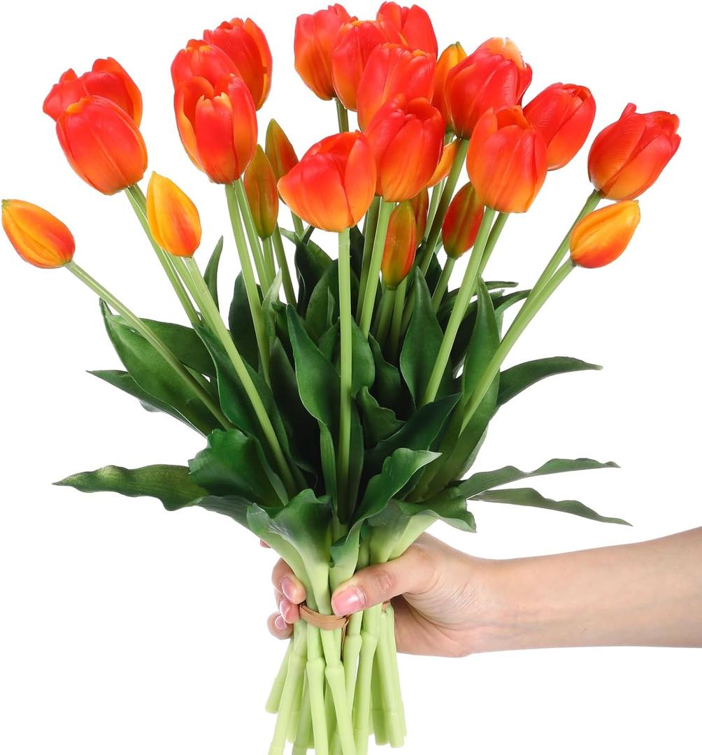 Riceshoot 6 Bunches Mother's Day Artificial Tulips Flowers 30 Pcs Faux Tulips Bouquets Arrangements Realistic Flowers for Office Wedding Party Kitchen Decoration(Sunset Color)