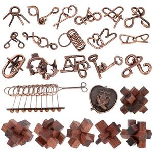 24 Pcs Brain Teaser Puzzles for Adults - Metal Puzzles 3D Puzzle Game Toys for Adults Teens - Wooden Unlock Interlocking Puzzle Adult IQ Education Smart Toys