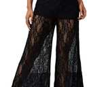 OYOANGLE Women's Lace Sheer Elastic Waist Wide Leg Pants See Through Long Trousers Party Clubwear (Large, Black)