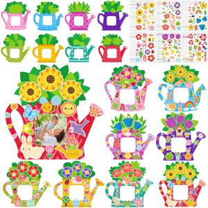 Jetec 48 Sets Spring Crafts Bulk Watering Can Picture Frames Craft DIY Flower Picture Frame Craft with Flower Stickers for Spring Summer Home Activities Party Favors Decorations