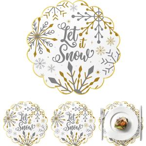 Christmas Snowflake Placemats Set of 4 Scalloped Let it Sonw Cotton Linen Placemats 13.5 Inch Embroidery Winter Table Mats for Christmas Xmas Party Supplies Home Kitchen Dining Table Decorations