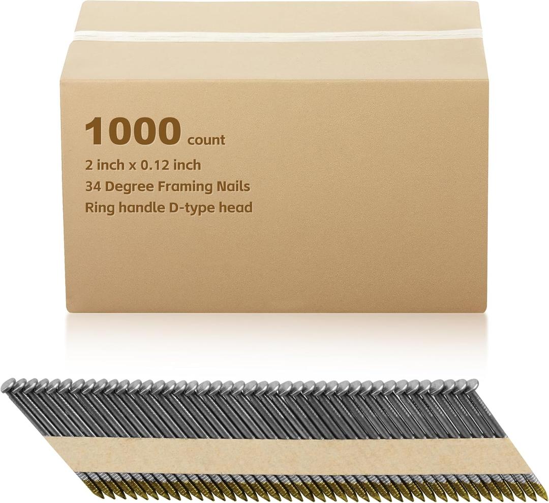 34 Degree Framing Nails,3".122"Ring Shank,D Head Nail,Anti-rust coating Paper Tape Strip Nails, 1,000 Count