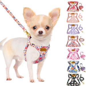 Lukovee Puppy Harness and Leash Set, No Pull Lightweight Soft Suede Adjustable Pet Harness Vest with Snap Buckle for Puppy Small and Medium Size Dog (Flower-XS) (X-Small ( 4.5-11lb ))