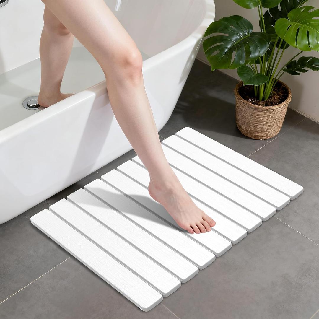 Stone Bath Mats for Bathroom, Non-Slip Stone Shower Mat Super Absorbent 24 x 16 Diatomaceous Earth Bath Mat, Quick Dry Leakproof Bathroom Drying Mats Easy to Clean Home Floor Decor RV Essentials (White)