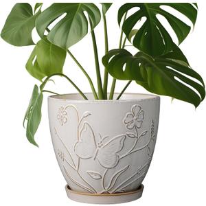 MPotTo 8 Inch Ceramic Pots for Plants Large Planter Pot with Drainage Hole and Saucer Round Flower Pot for Indoor Outdoor Decor, White,  Butterflies and Flowers White