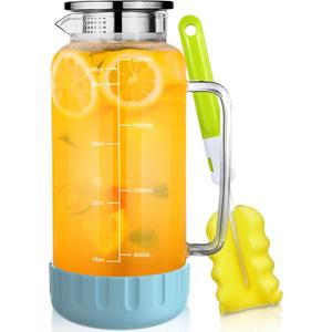 Aofmee 68oz Glass Pitcher with Lid, 2 Liter Water Carafe with Silicone Base and Precise Scale Line, Ice Tea Pitcher for Fridge, Anti-Slip Glass Jug for Sun Tea Juice Coffee Milk Beverage (Blue)