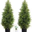 Aveyas 3ft Artificial Cedar Topiary Trees for Outdoor Front Porch Door, 3 Feet Faux Potted Plants Evergreen Fake Pine Cypress Tree for Outside Home Decor (3 ft Tall) - Set of 2 Pack