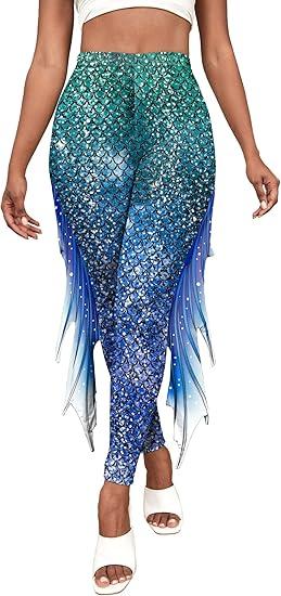 Mermaid Leggings for Women Fish Scale Leggings High Waisted Full Length Pants for Halloween Dance Party