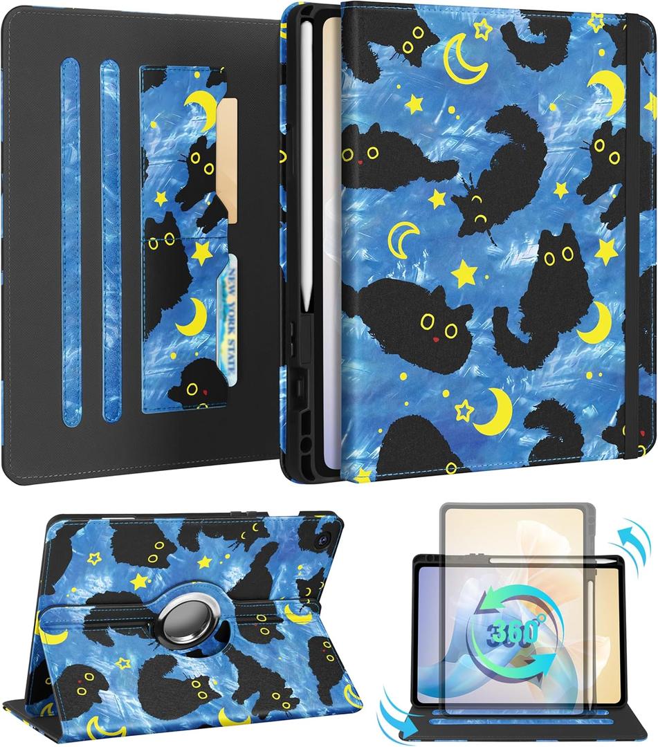 Kidcube for Samsung Galaxy Tab A9 Plus Case 11 Inch - for Women Girls Cute Rotating Stand Folio Cover with Pencil Holder & Card Slot Girly Cat Unique Design Blue Teen for Samsung A9 Plus Tablet Cases