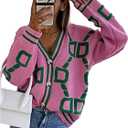 Milumia Women's Letter Print Button Up Knit Cardigan V Neck Long Sleeve Sweater Jackets Pink Medium