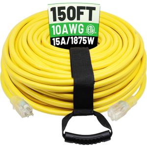 POWGRN 150 Ft 10AWG Outdoor Extension Cord Waterproof Heavy Duty 10 Gauge, Flexible Cold-Resistant Long Power Cord Outside with Lighted Indicator End, 15Amp 1875W SJTW Yellow ETL Listed