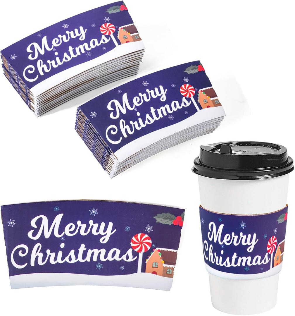 20 Pack Winter Christmas Disposable Coffee Cup Paper Sleeves Xmas Santa Holiday Tea Hot Chocolate Cocoa Sleeves for 12oz 16oz Cups (deep blue)