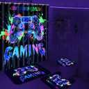 Likiyol 4 Pcs Blacklight Shower Curtain Sets with Rugs, Gaming Kids Bathroom Set with Shower Curtain and Rugs, Gamepad Trippy UV Reactive Bathroom Sets Decor for Adults Boys (69"W x 70"L (Pack of 4))