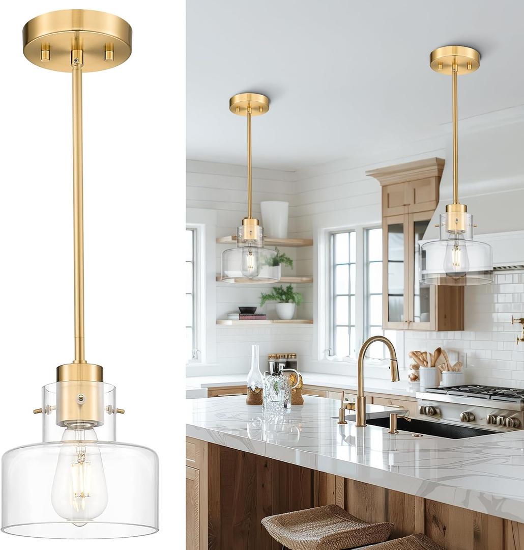 Brushed Gold Pendant Lights Kitchen Island, 6" Pendant Light Fixtures Over Island with Clear Glass Shade, Modern Brass Kitchen Island Lighting for Dining Room Entryway, PL124-BG-G-1PK